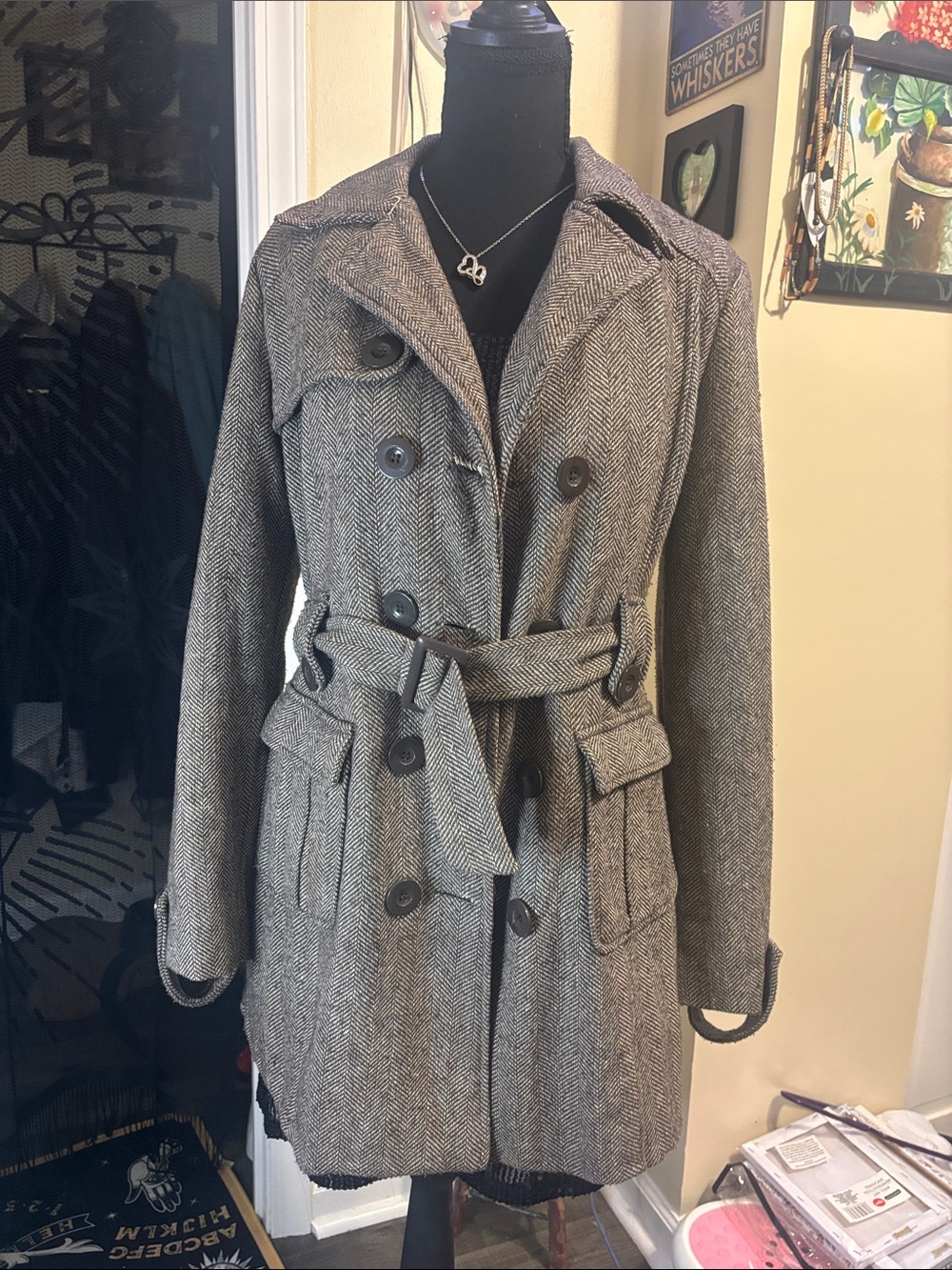 Max Rave Gray Herringbone Double-Breasted Trench Coat